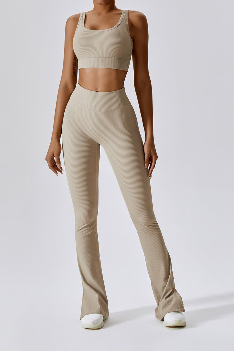HIGH WAISTED FLARED RIBBED LEGGINGS IN SANDSTONE