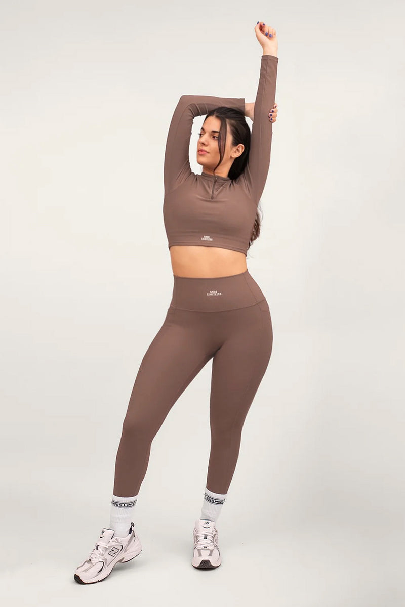 LUXE HIGH WAISTED RIBBED LEGGINGS IN TRUFFLE