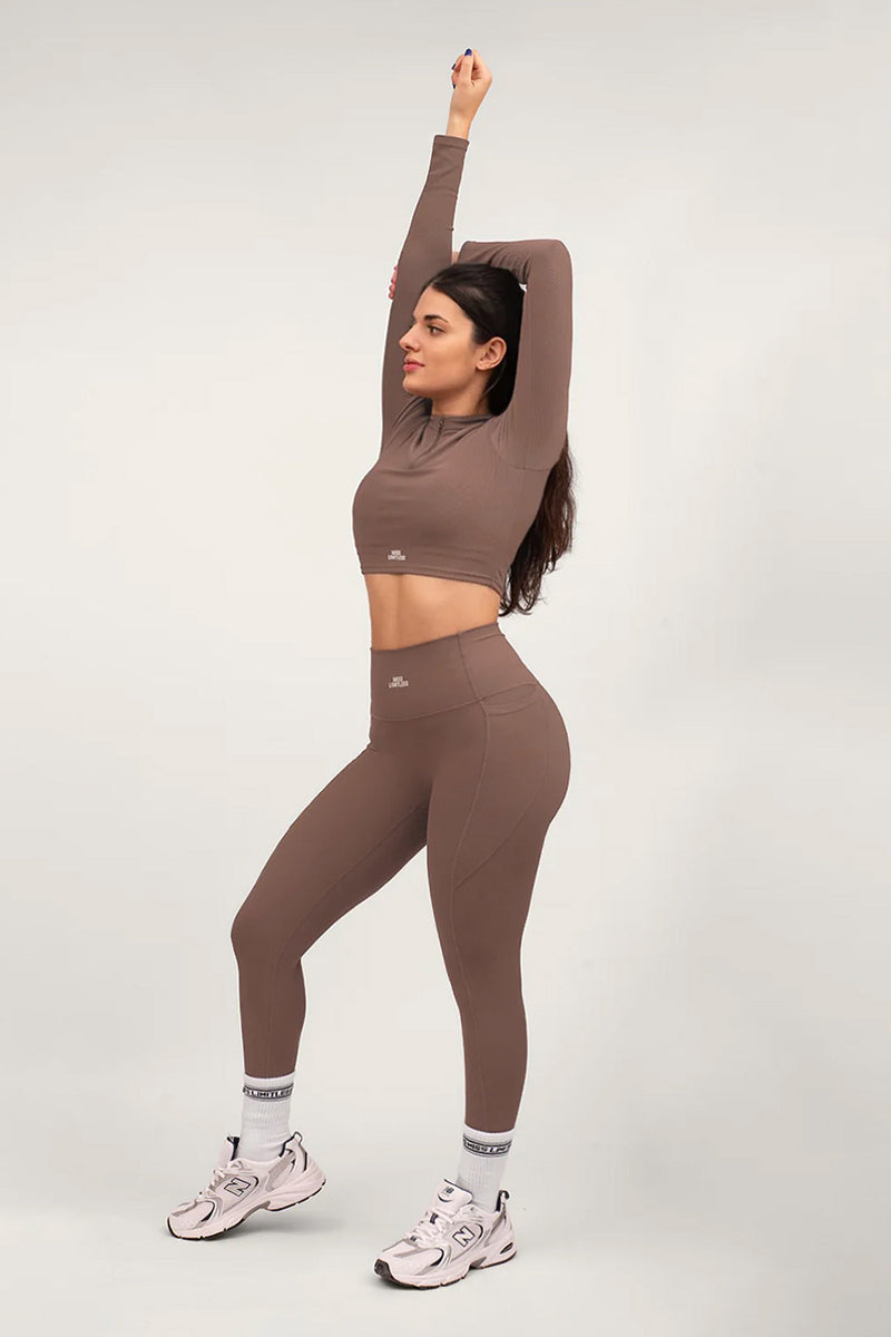 LUXE HIGH WAISTED RIBBED LEGGINGS IN TRUFFLE