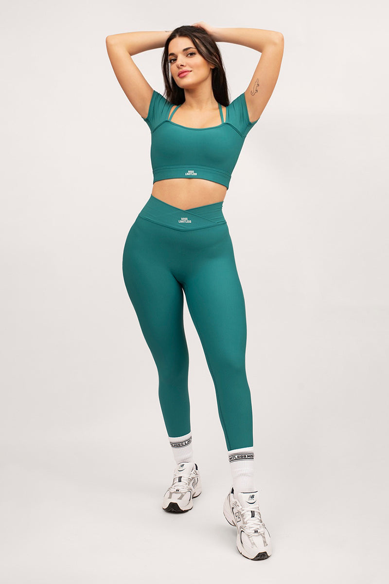 CONTOUR RIB V FRONT HIGH WAISTED LEGGINGS IN EMERALD GREEN