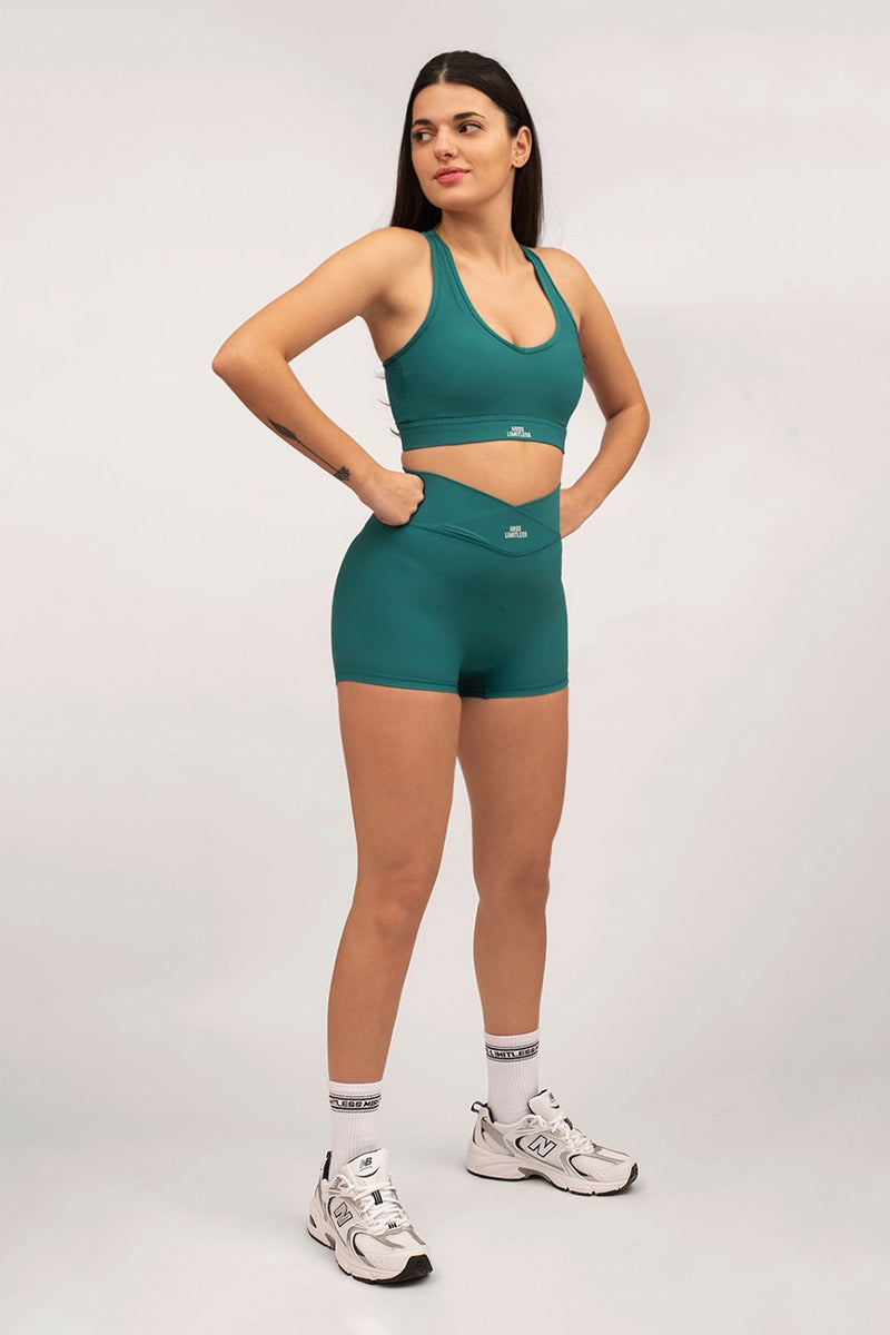 CONTOUR RIB V FRONT HIGH WAISTED SHORTS IN EMERALD GREEN