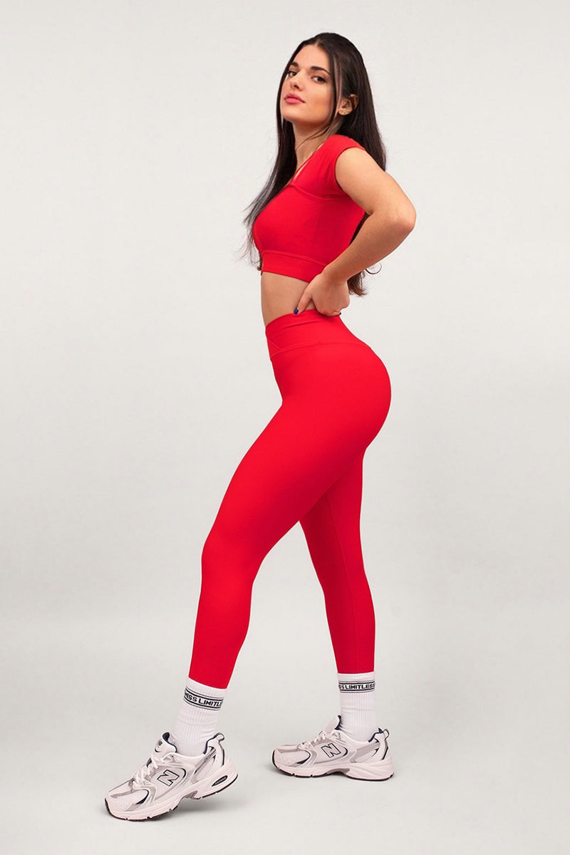 CONTOUR RIB V FRONT HIGH WAISTED LEGGINGS IN RASPBERRY RED – Miss Limitless